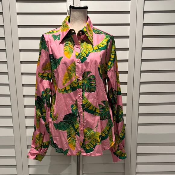 SHEIN Tops - SHEIN NWOT Tropical colorful Leaf Printed Button Down Shirt in 100% Cotton